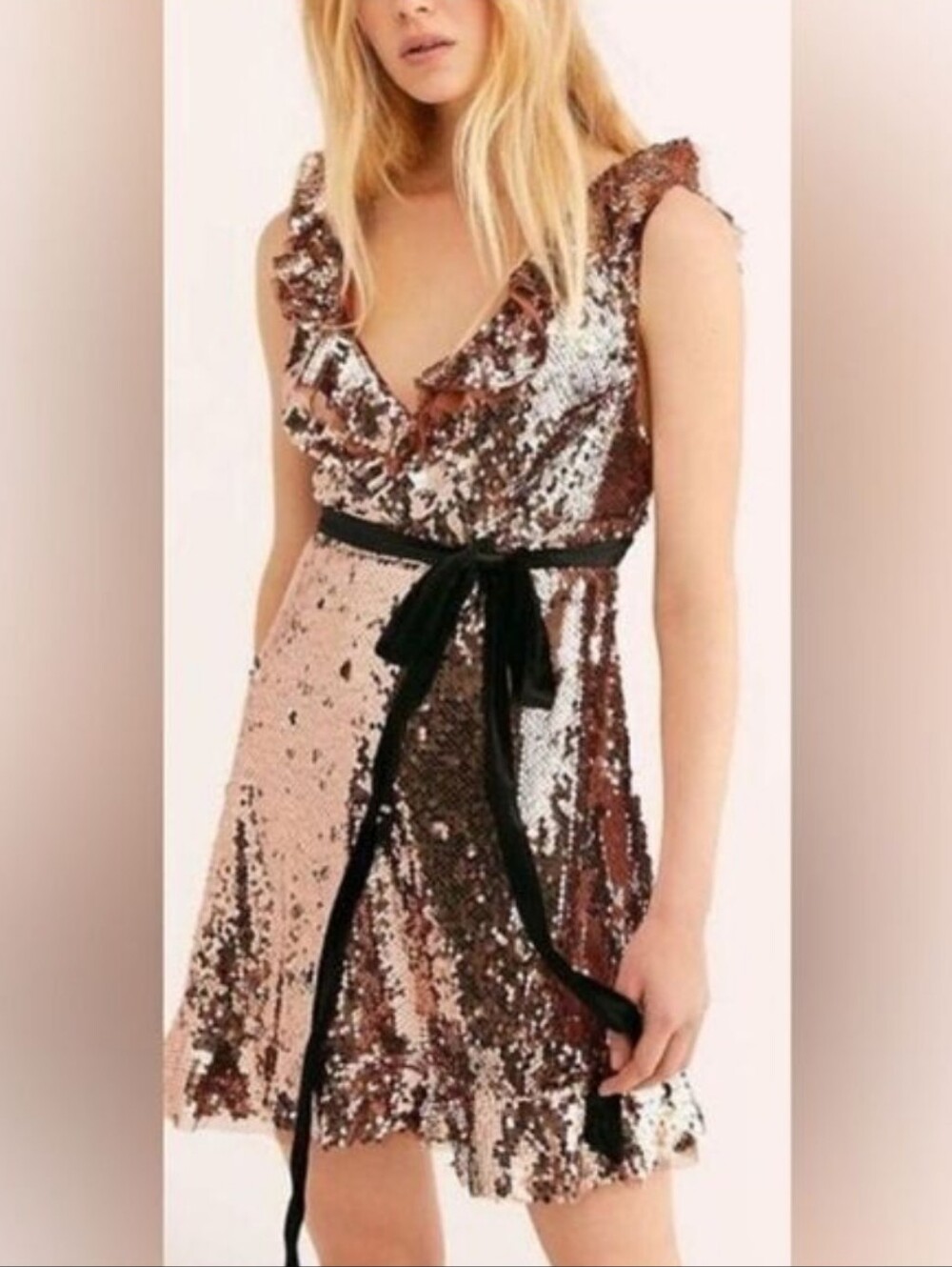 NWT Free People Copper Black Siren Sequined A-Line Dress with Sash Size 12 NEW